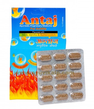 Jiwadaya, ANTAJ Flavored With Min, Vanila & Butterscotch, 15 Tablets, Acidity, Indigestion, Flatulence